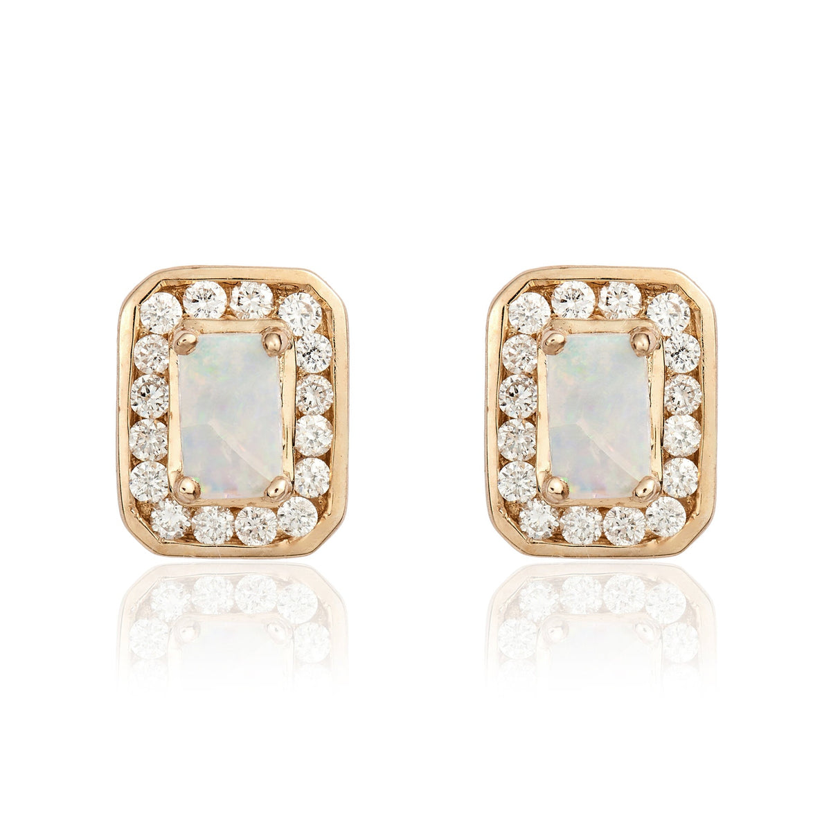 9ct Yellow Gold Octagonal Natural Opal & Diamond Claw Set Cluster Stud Earrings — 5x3mm