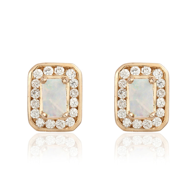 9ct Yellow Gold Octagonal Natural Opal & Diamond Claw Set Cluster Stud Earrings — 5x3mm
