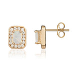 9ct Yellow Gold Octagonal Natural Opal & Diamond Claw Set Cluster Stud Earrings — 5x3mm