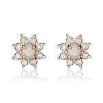9ct Yellow Gold Round Natural Opal & Diamond Claw Set Cluster Stud Earrings — 3mm