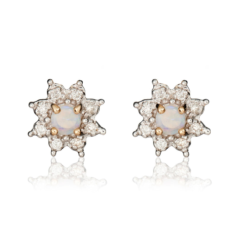 9ct Yellow Gold Round Natural Opal & Diamond Claw Set Cluster Stud Earrings — 3mm