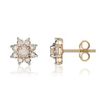 9ct Yellow Gold Round Natural Opal & Diamond Claw Set Cluster Stud Earrings — 3mm
