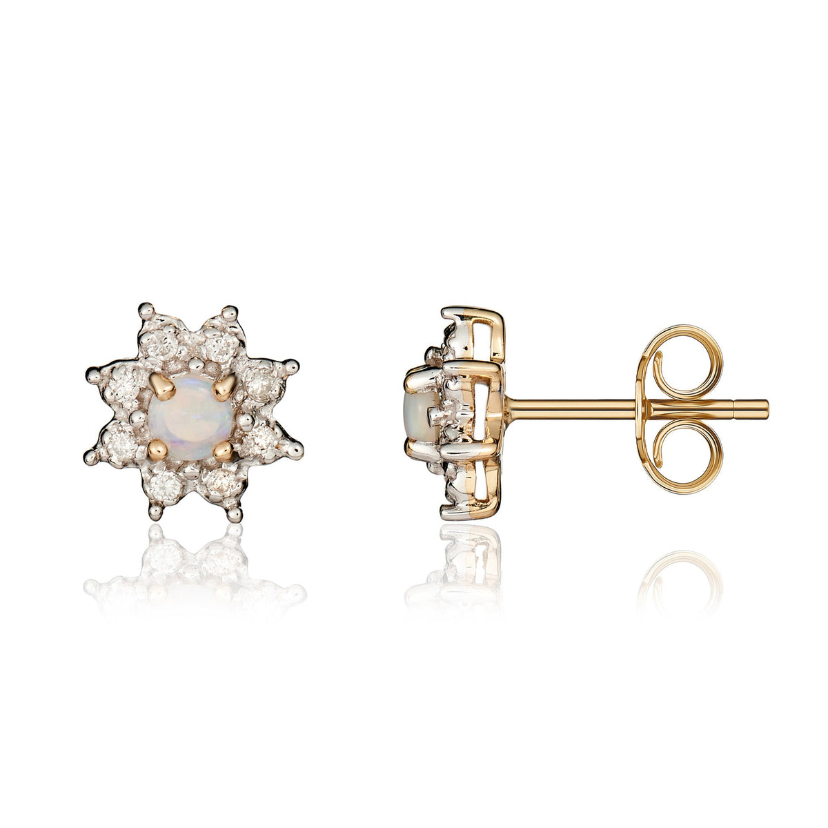 9ct Yellow Gold Round Natural Opal & Diamond Claw Set Cluster Stud Earrings — 3mm