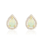 9ct Yellow Gold Pear Shaped Natural Opal & Diamond Halo Cluster Stud Earrings — 7x5mm