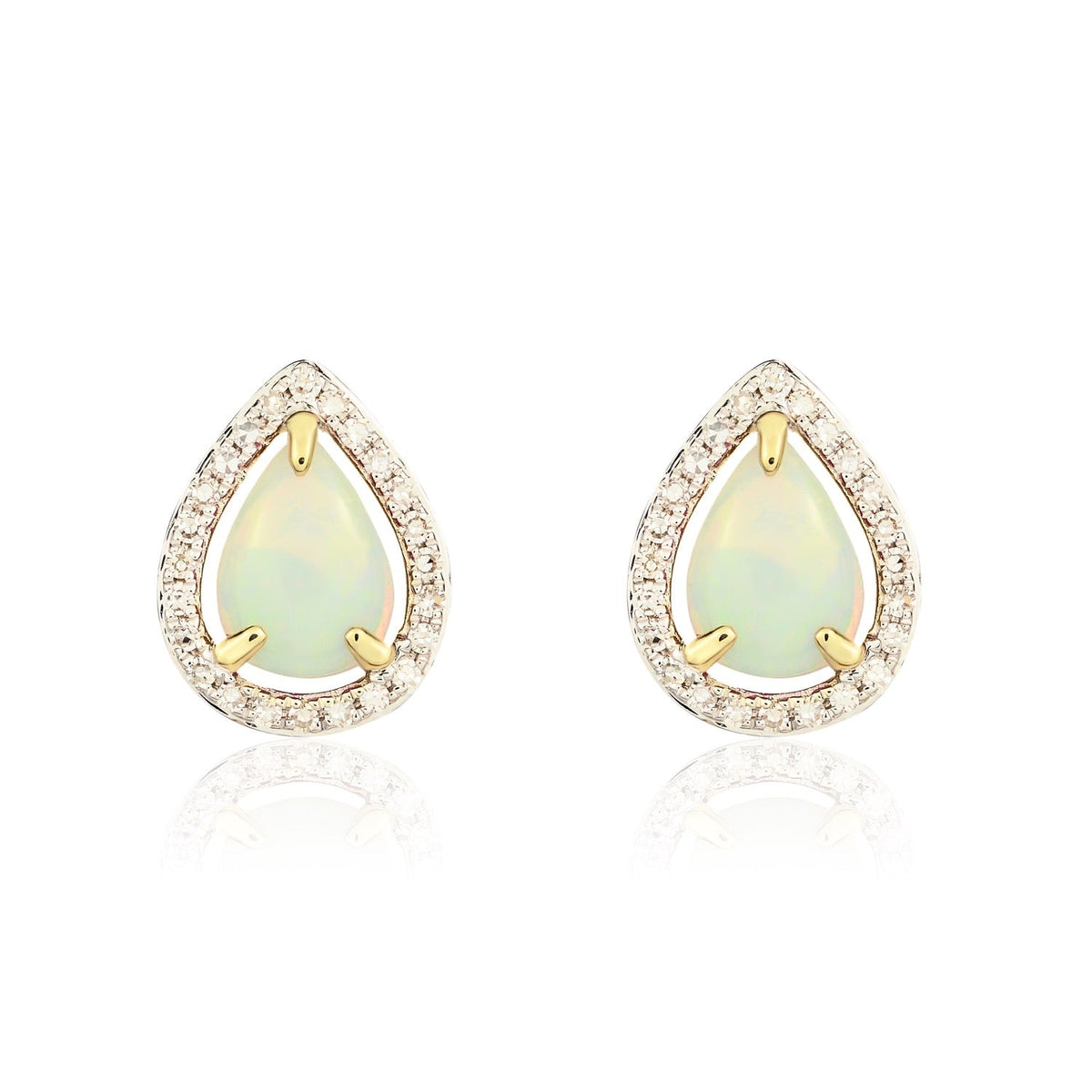 9ct Yellow Gold Pear Shaped Natural Opal & Diamond Halo Cluster Stud Earrings — 7x5mm