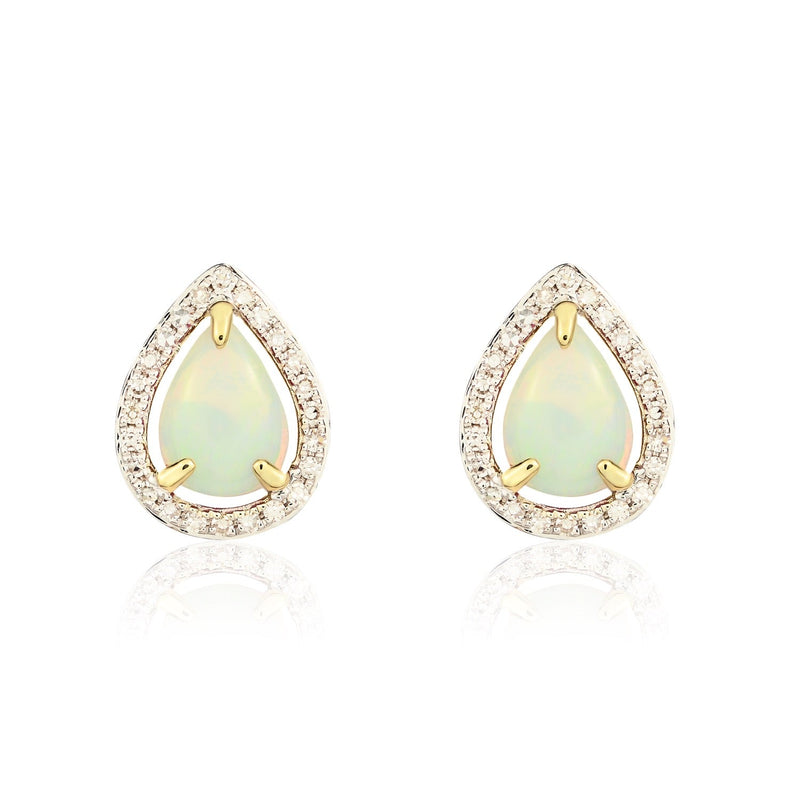 9ct Yellow Gold Pear Shaped Natural Opal & Diamond Halo Cluster Stud Earrings — 7x5mm