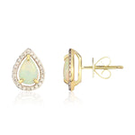 9ct Yellow Gold Pear Shaped Natural Opal & Diamond Halo Cluster Stud Earrings — 7x5mm