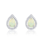 9ct White Gold Pear Shaped Natural Opal & Diamond Halo Cluster Stud Earrings — 7x5mm