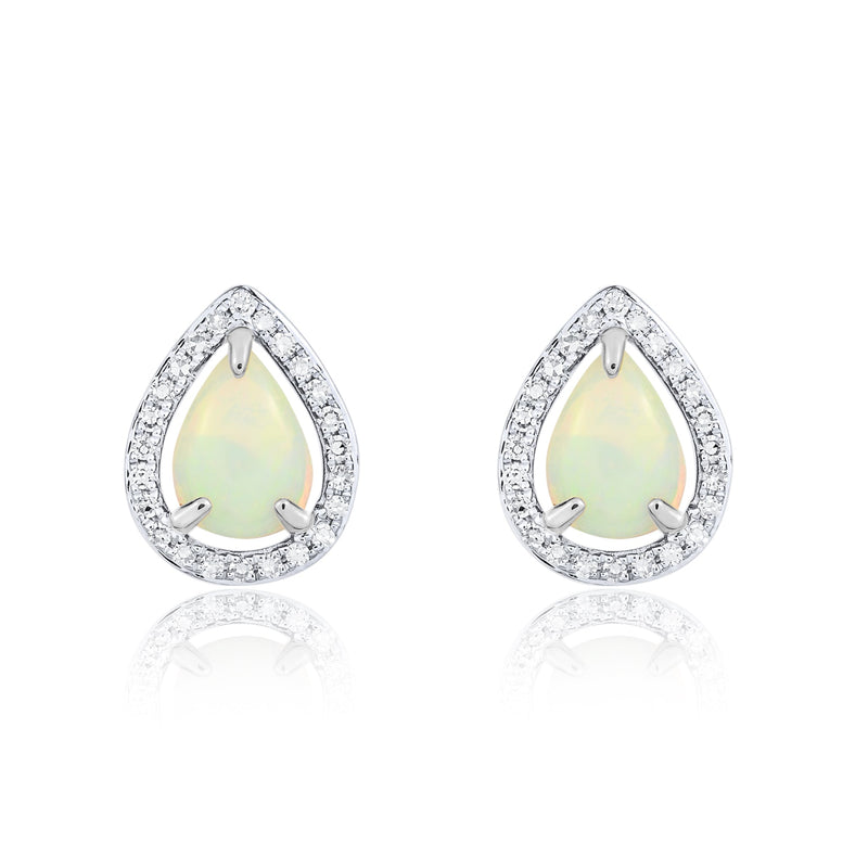 9ct White Gold Pear Shaped Natural Opal & Diamond Halo Cluster Stud Earrings — 7x5mm