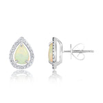 9ct White Gold Pear Shaped Natural Opal & Diamond Halo Cluster Stud Earrings — 7x5mm