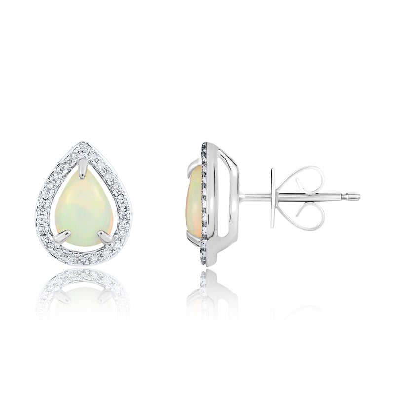 9ct White Gold Pear Shaped Natural Opal & Diamond Halo Cluster Stud Earrings — 7x5mm