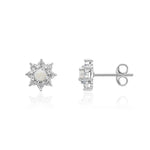9ct White Gold Round Natural Opal & Diamond Claw Set Cluster Stud Earrings — 3mm