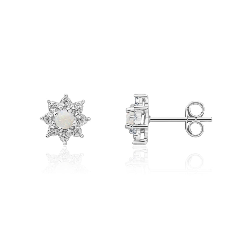 9ct White Gold Round Natural Opal & Diamond Claw Set Cluster Stud Earrings — 3mm