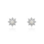 9ct White Gold Round Natural Opal & Diamond Claw Set Cluster Stud Earrings — 3mm