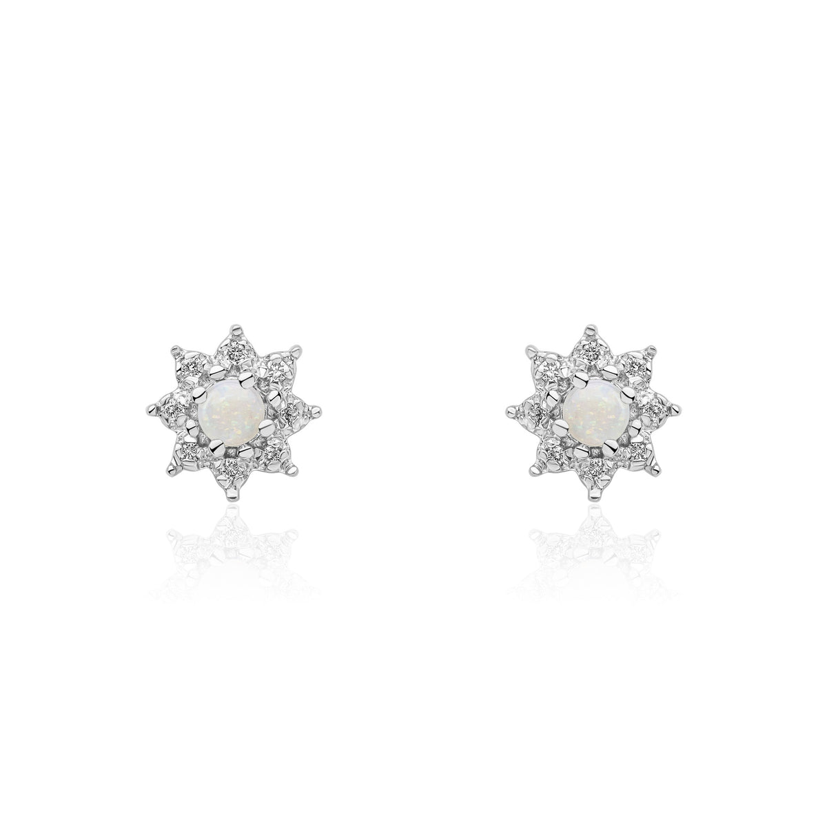 9ct White Gold Round Natural Opal & Diamond Claw Set Cluster Stud Earrings — 3mm