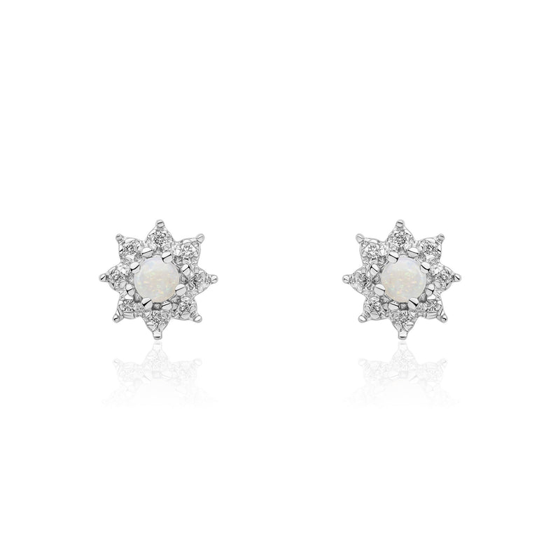 9ct White Gold Round Natural Opal & Diamond Claw Set Cluster Stud Earrings — 3mm