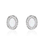 9ct White Gold Oval Natural Opal & Diamond Rope Edge Cluster Stud Earrings — 6x4mm