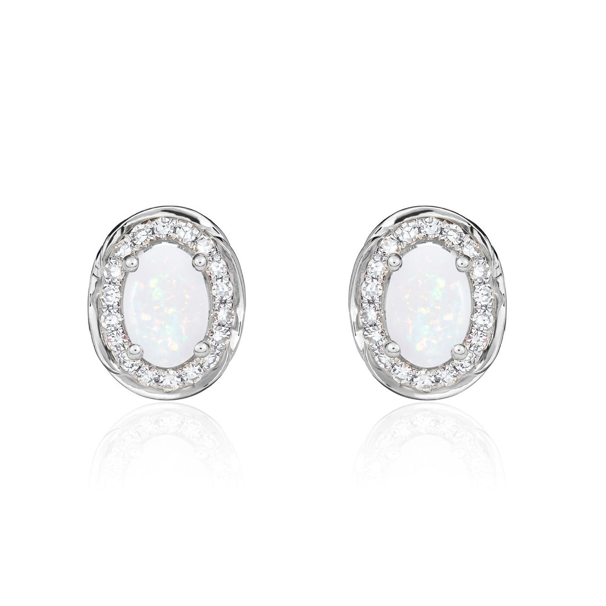9ct White Gold Oval Natural Opal & Diamond Rope Edge Cluster Stud Earrings — 6x4mm