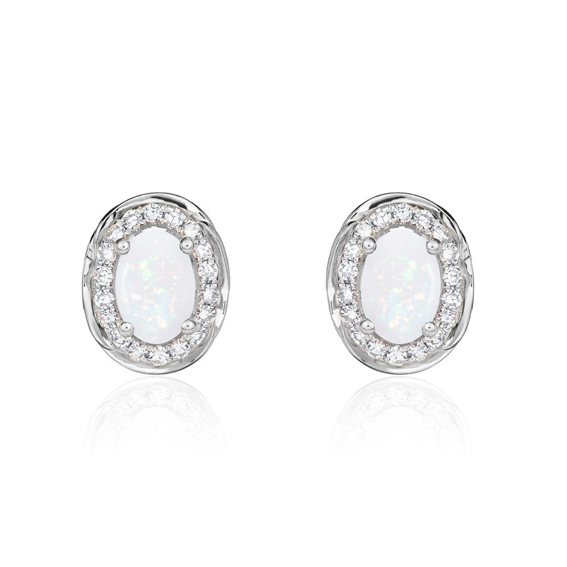 9ct White Gold Oval Natural Opal & Diamond Rope Edge Cluster Stud Earrings — 6x4mm