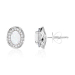 9ct White Gold Oval Natural Opal & Diamond Rope Edge Cluster Stud Earrings — 6x4mm