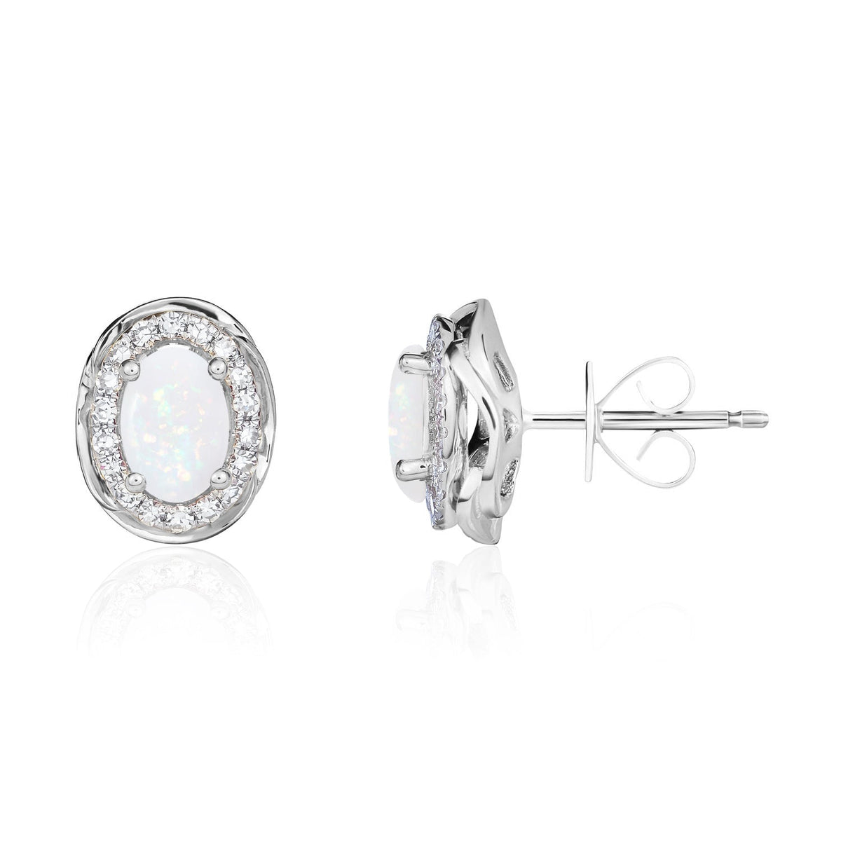 9ct White Gold Oval Natural Opal & Diamond Rope Edge Cluster Stud Earrings — 6x4mm