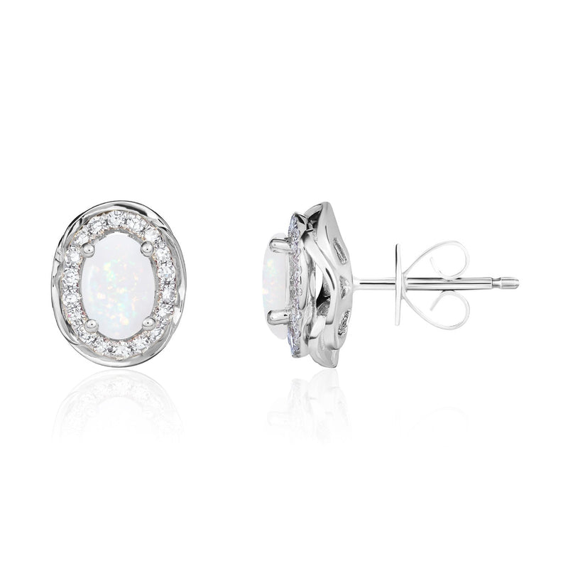 9ct White Gold Oval Natural Opal & Diamond Rope Edge Cluster Stud Earrings — 6x4mm