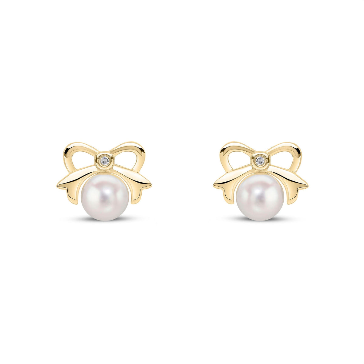 9ct Yellow Gold Pearl and Natural Diamond Bow Stud Earrings