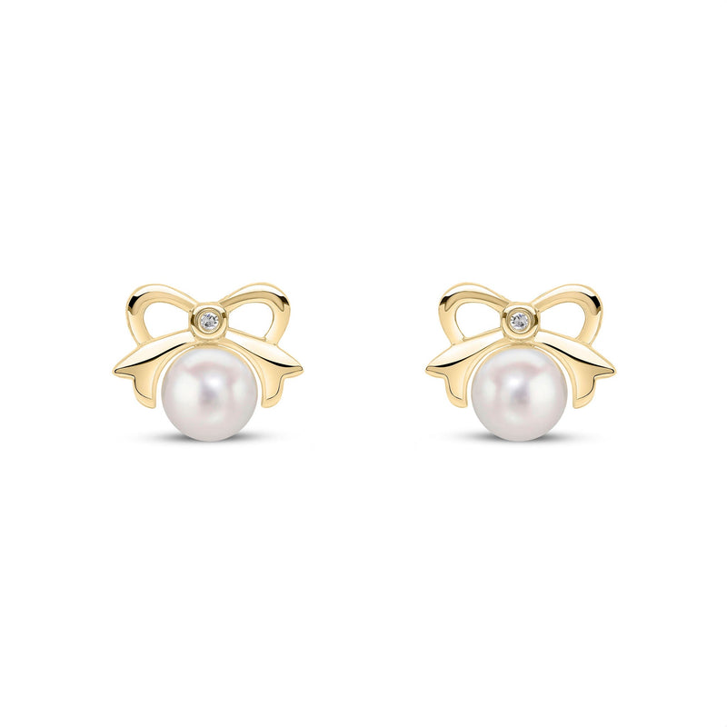 9ct Yellow Gold Pearl and Natural Diamond Bow Stud Earrings