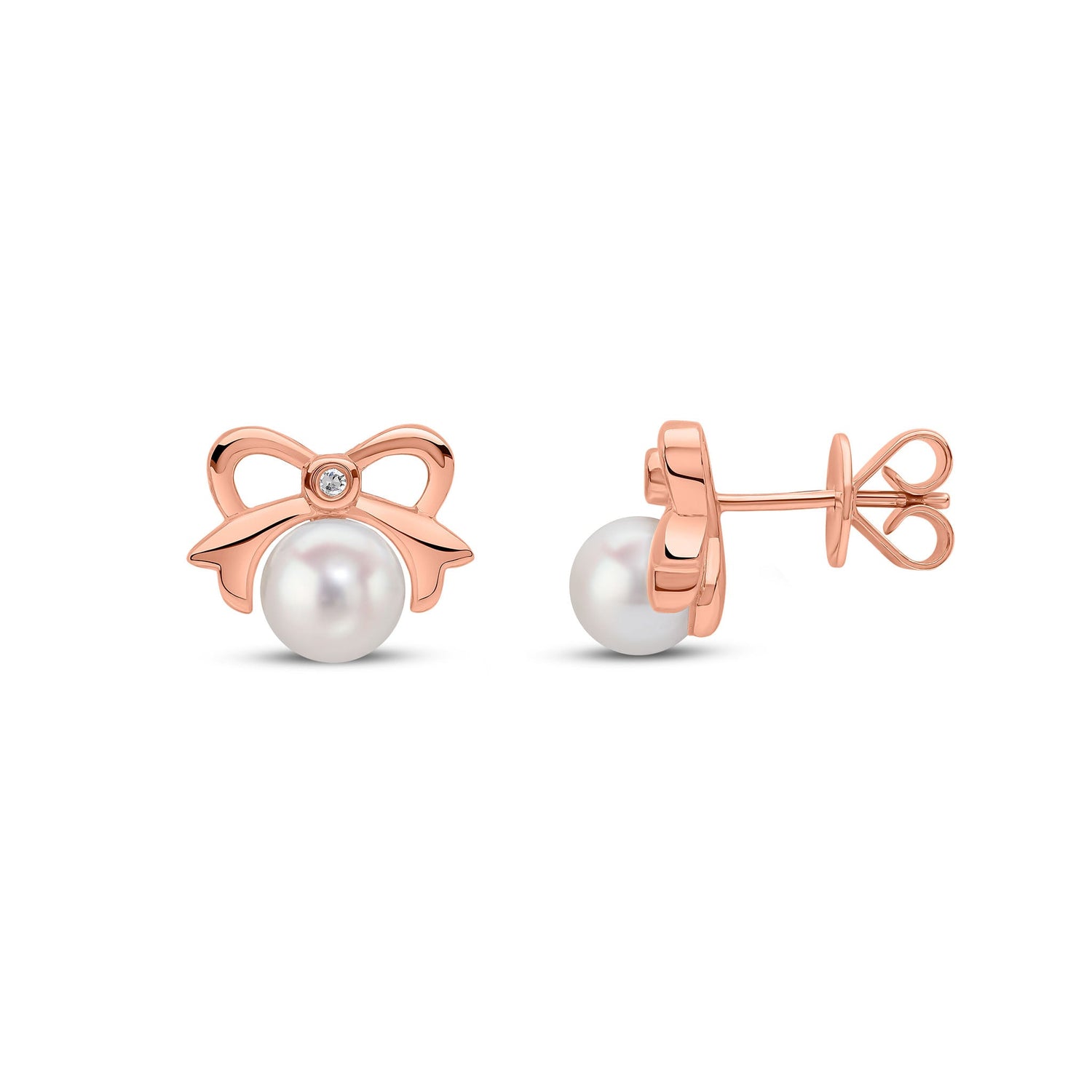 9ct Rose Gold Oval Natural Pearl and Round Diamond Bow Stud Earrings — 5.5-6mm