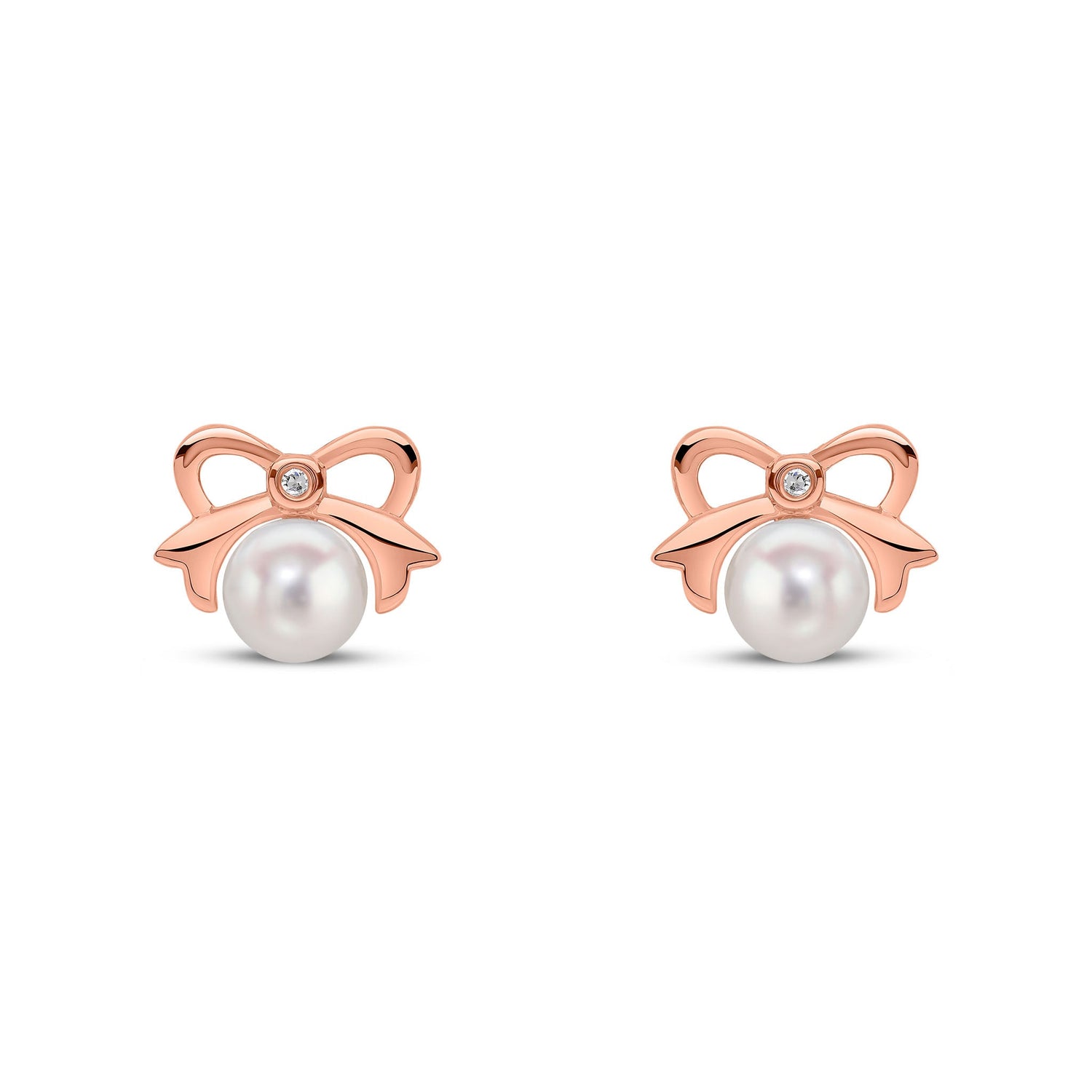 9ct Rose Gold Oval Natural Pearl and Round Diamond Bow Stud Earrings — 5.5-6mm