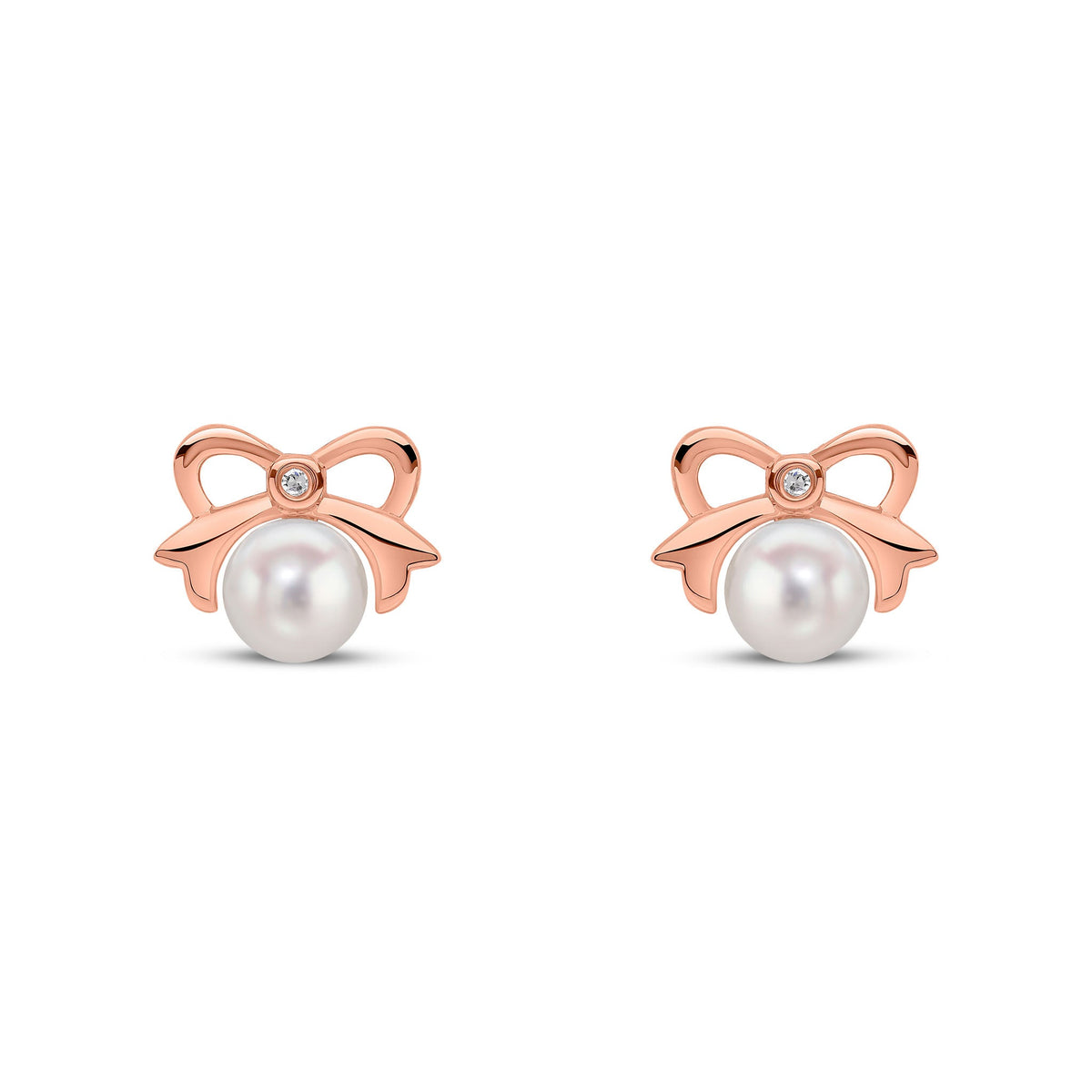 9ct Rose Gold Pearl and Natural Diamond Bow Stud Earrings