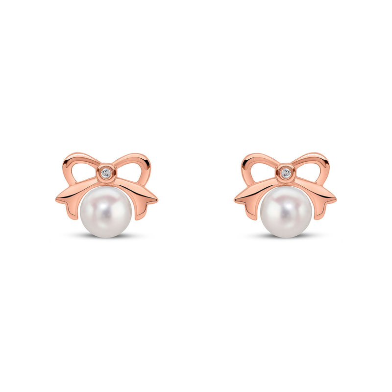 9ct Rose Gold Pearl and Natural Diamond Bow Stud Earrings