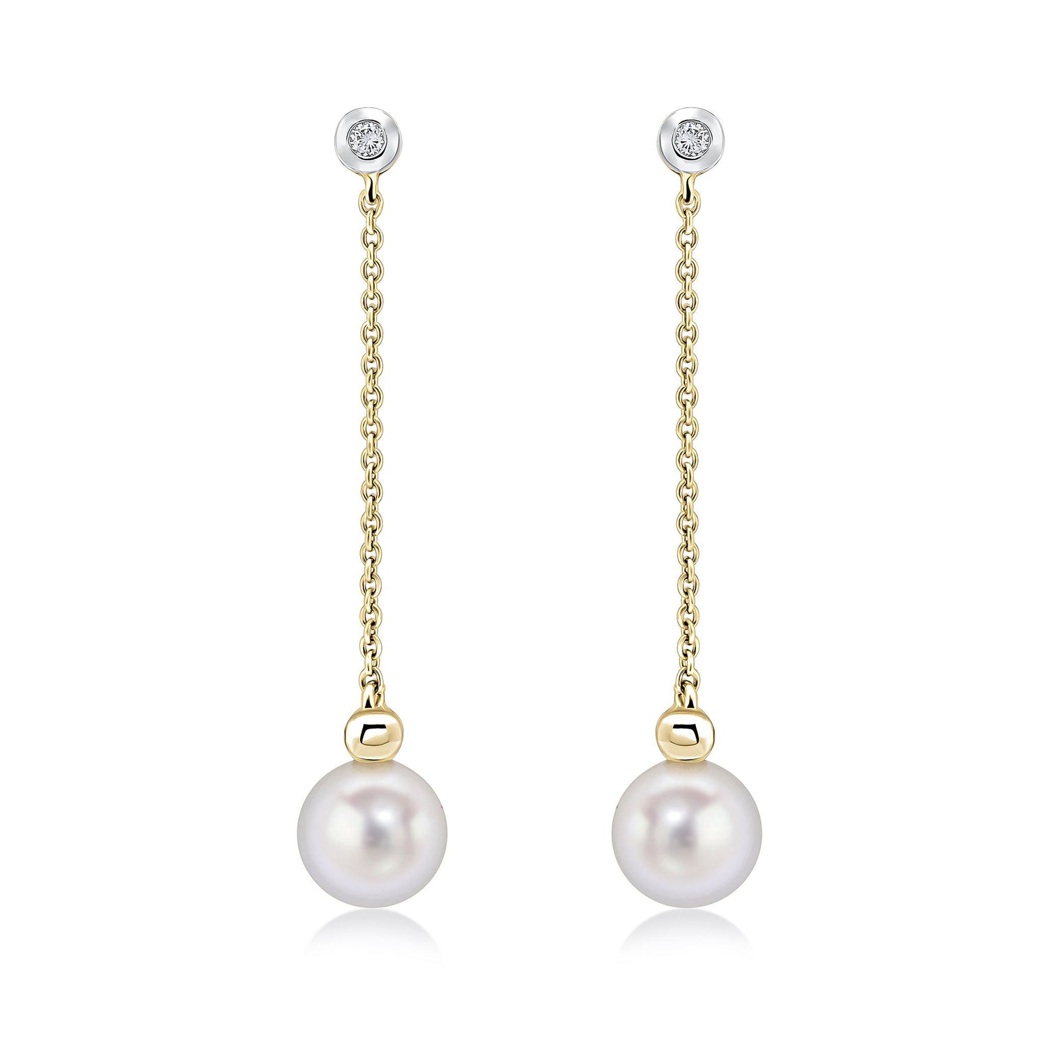 9ct Yellow Gold Rubover Natural Diamond Chain and Freshwater Cultured Pearl Drop Earrings