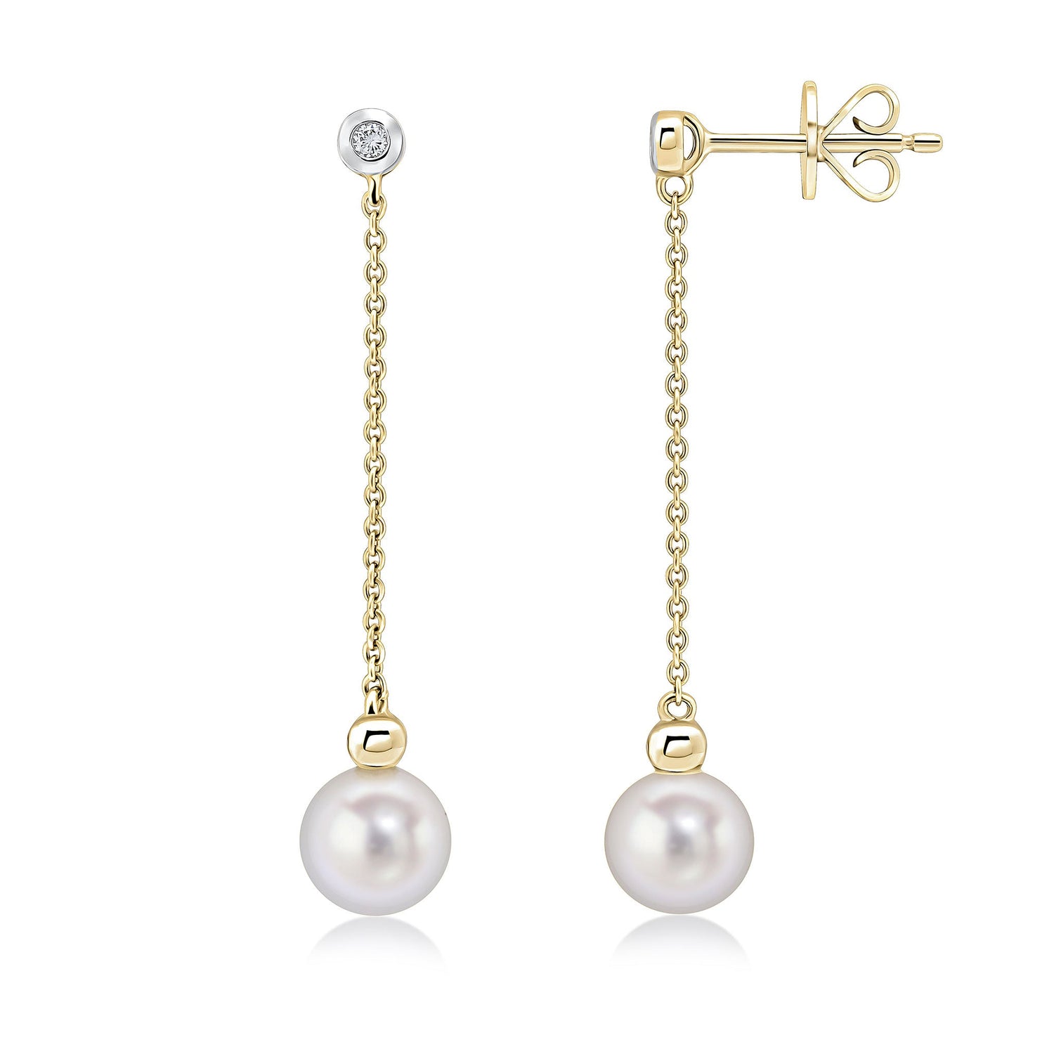 9ct Yellow Gold Rubover Natural Diamond Chain and Freshwater Cultured Pearl Drop Earrings
