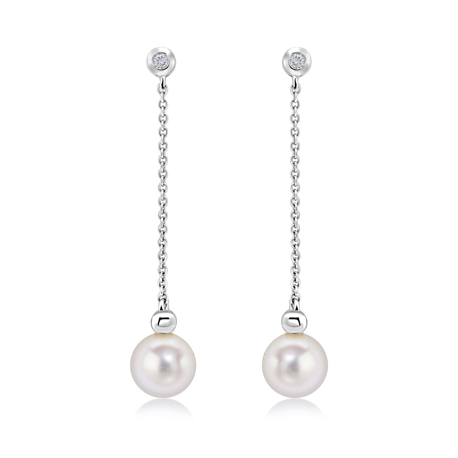 9ct White Gold Natural Pearl and Diamond Chain Drop Earrings — 2x6mm
