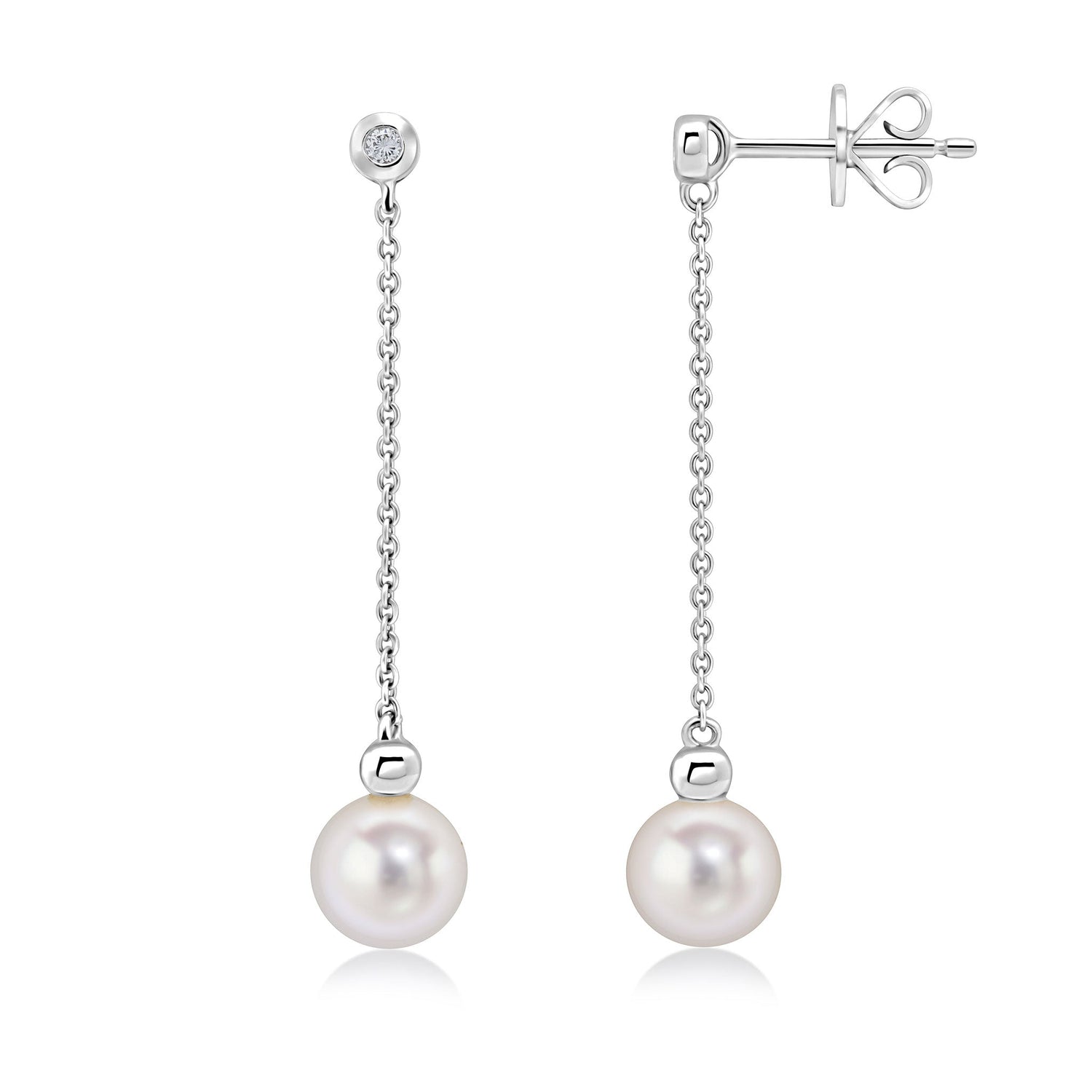 9ct White Gold Natural Pearl and Diamond Chain Drop Earrings — 2x6mm