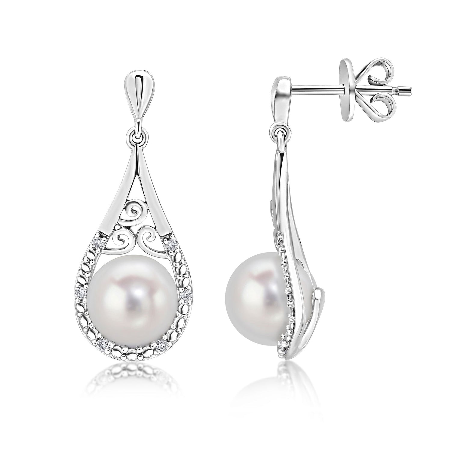 9ct White Gold Natural Freshwater Cultured Pearl and Grain Set Diamond Pear Shaped Drop Earrings