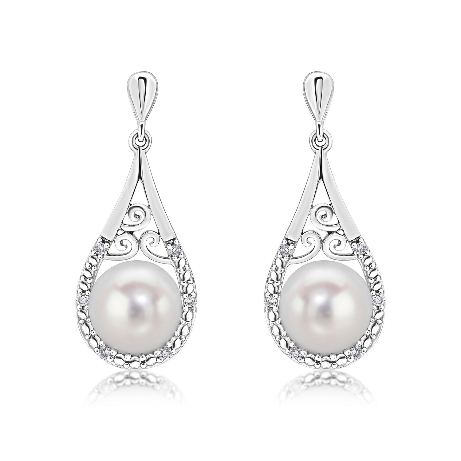 9ct White Gold Natural Freshwater Cultured Pearl and Grain Set Diamond Pear Shaped Drop Earrings