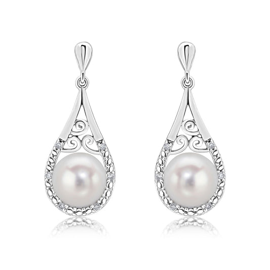9ct White Gold Natural Freshwater Cultured Pearl and Grain Set Diamond Pear Shaped Drop Earrings