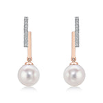 9ct Rose Gold Natural Diamond Line Bar & Round Cultured Freshwater Pearl Drop Earrings