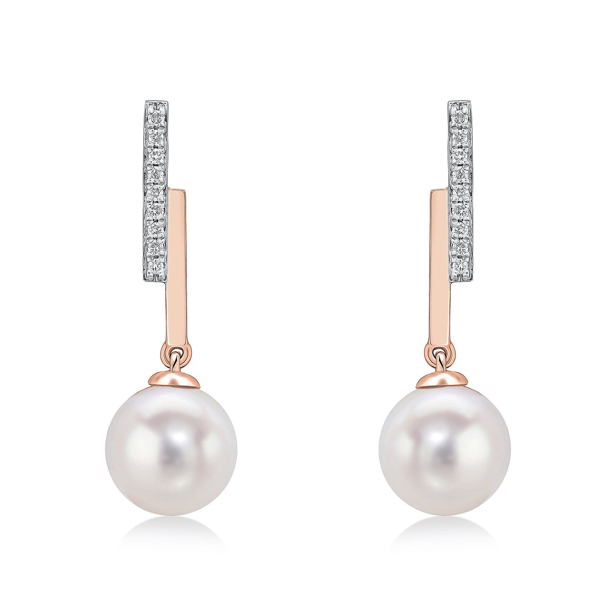 9ct Rose Gold Natural Diamond Line Bar & Round Cultured Freshwater Pearl Drop Earrings