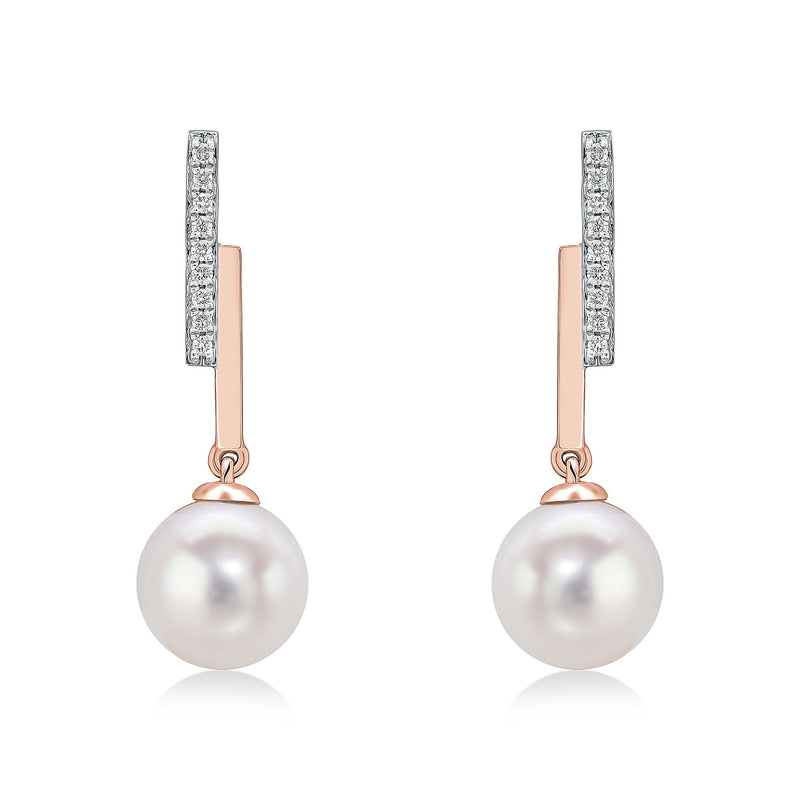 9ct Rose Gold Natural Diamond Line Bar & Round Cultured Freshwater Pearl Drop Earrings
