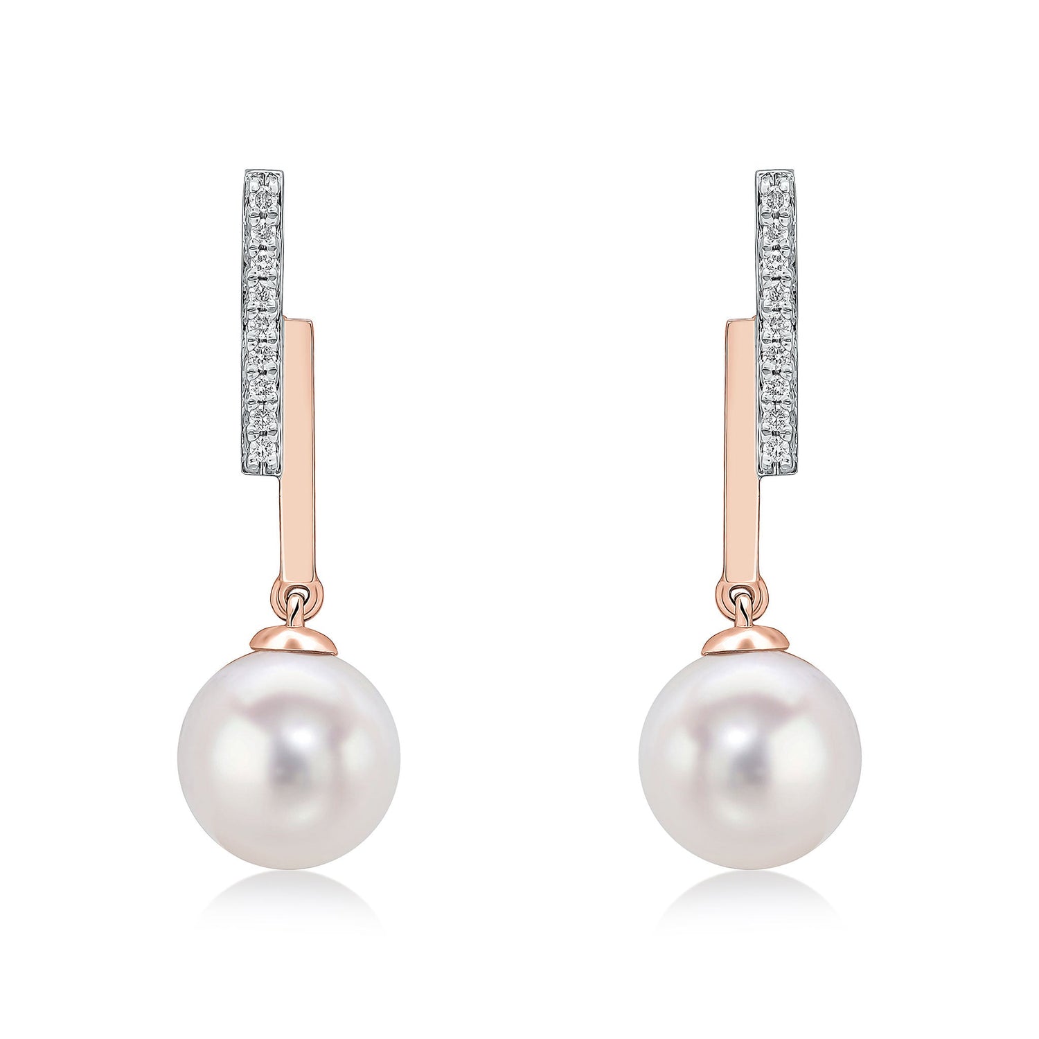 9ct Rose Gold Natural Diamond Line Bar and Round Freshwater Cultured Pearl Drop Earrings