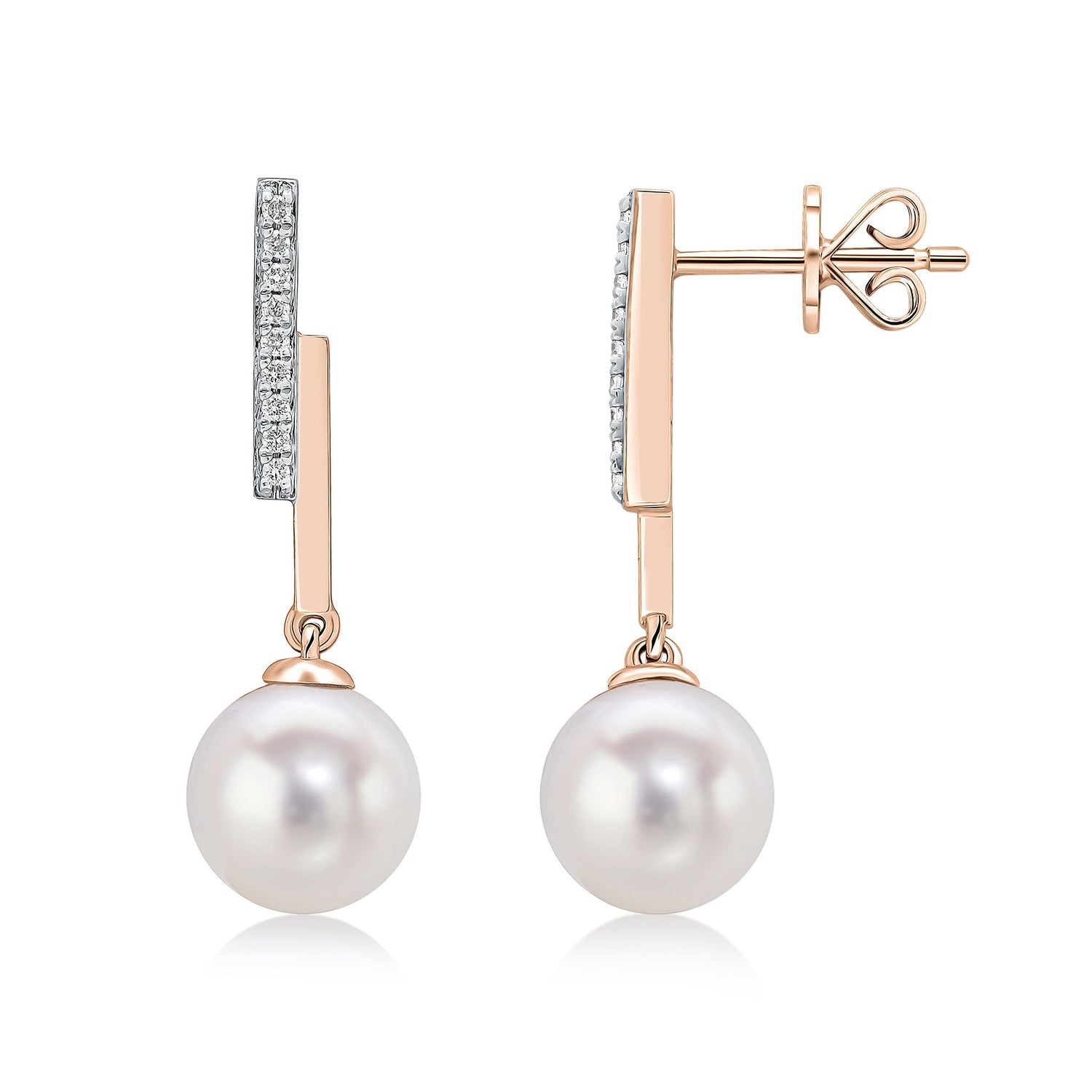 9ct Rose Gold Natural Diamond Line Bar and Round Freshwater Cultured Pearl Drop Earrings