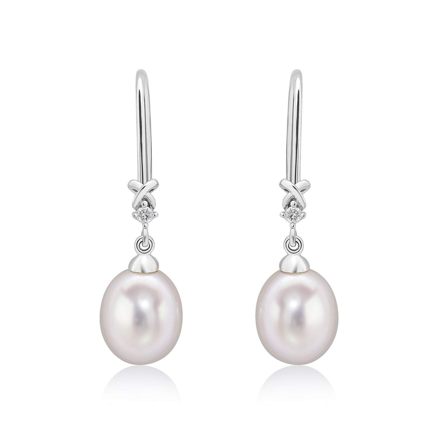 9ct Yellow Gold Natural Freshwater Cultured Pearl and Diamond Wire Hook Drop Earrings