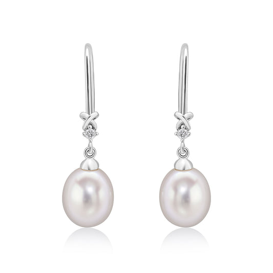 9ct Yellow Gold Natural Freshwater Cultured Pearl and Diamond Wire Hook Drop Earrings