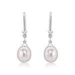 9ct White Gold Freshwater Cultured Pearl and Natural Diamond Wire Hook Drop Earrings