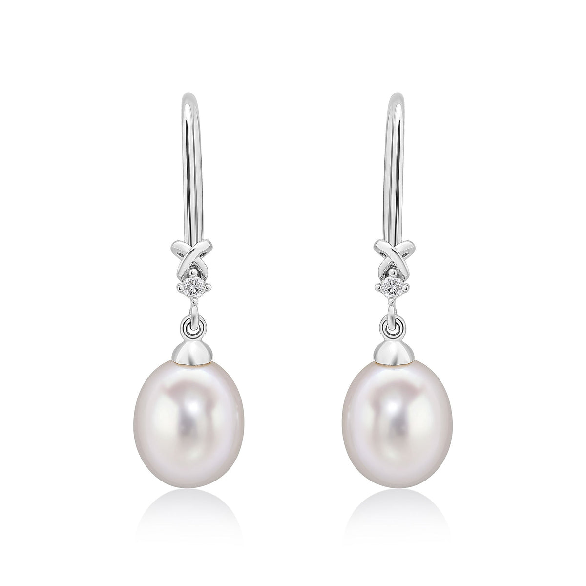 9ct White Gold Freshwater Cultured Pearl and Natural Diamond Wire Hook Drop Earrings