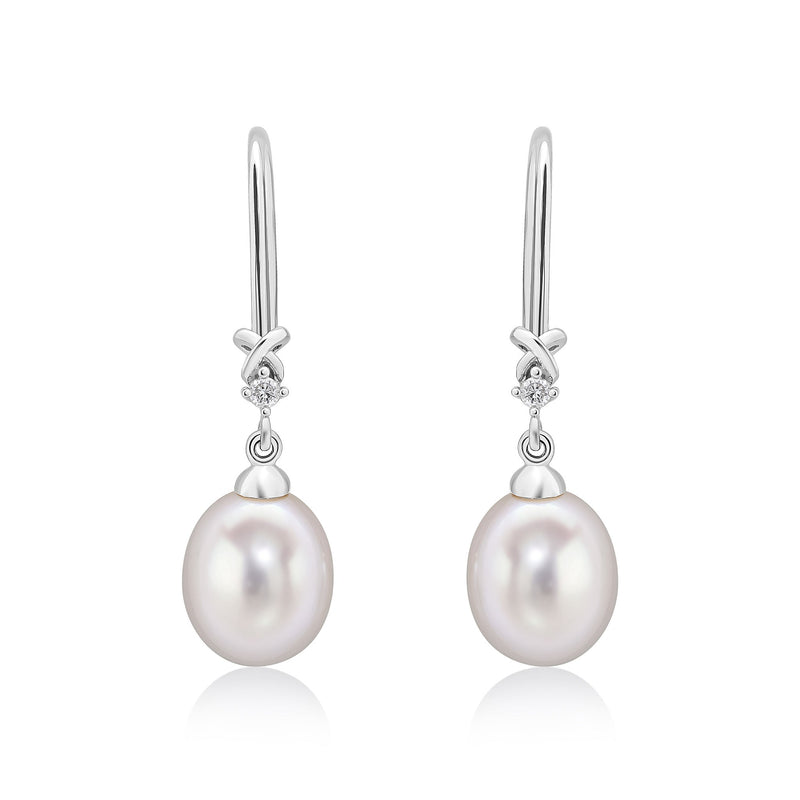 9ct White Gold Freshwater Cultured Pearl and Natural Diamond Wire Hook Drop Earrings