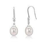 9ct White Gold Freshwater Cultured Pearl and Natural Diamond Wire Hook Drop Earrings